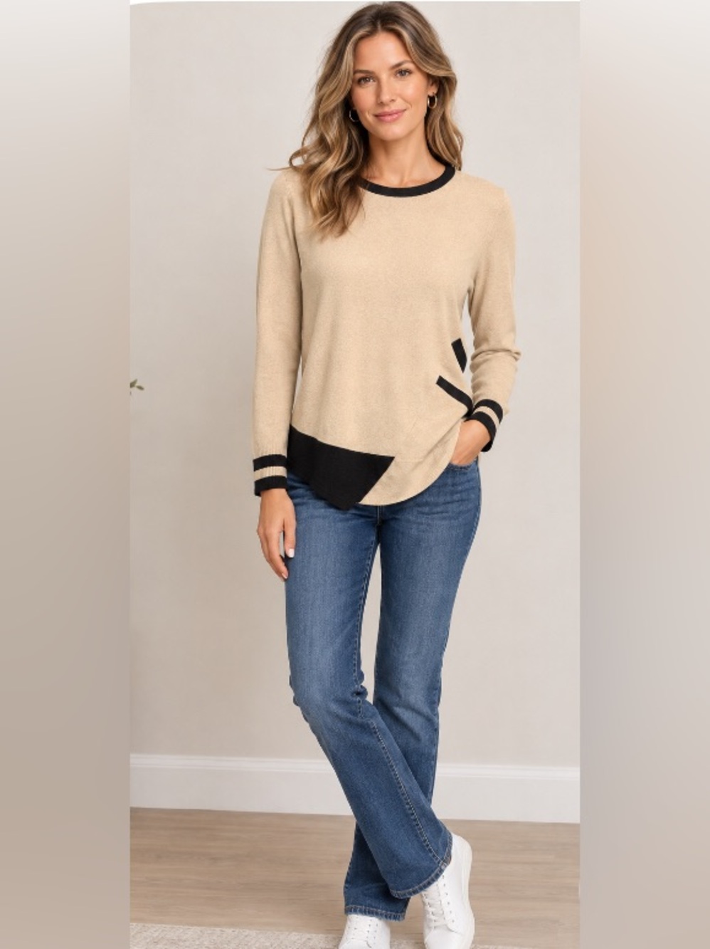 Nordstrom’s Lisa Todd Cream and Black cashmere Crew Neck Sweater
